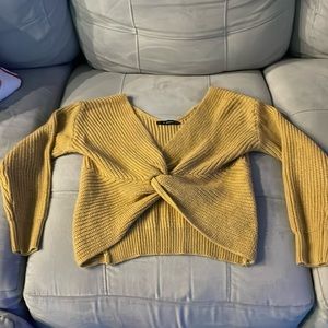 Mustard yellow twist front knit sweater